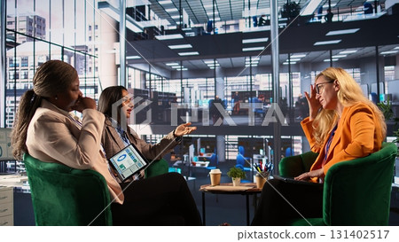 Dissatisfied business partners feeling frustrated about a project failure, worried about the challenge and negative effects. Businesswomen making a mistake and working under pressure. Camera B. 131402517