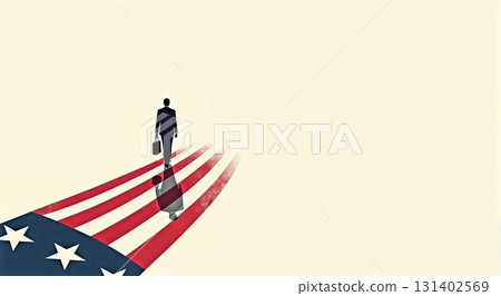 Businessman walks on US flag path in minimal scene - ai generated 131402569