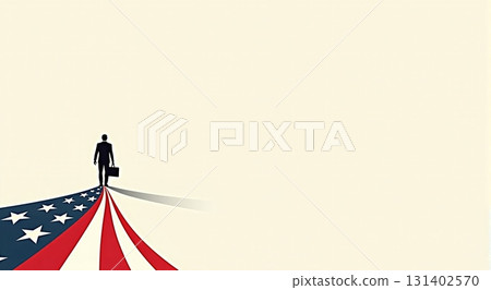 Businessman walks on US flag path in minimal scene - ai generated 131402570