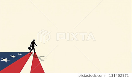 Businessman walks on US flag path in minimal scene - ai generated 131402571