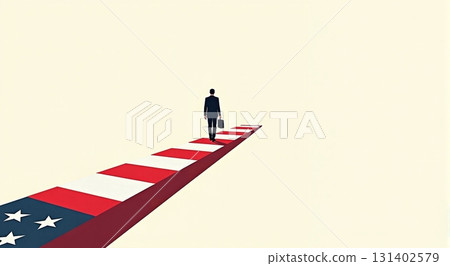 Businessman walks on US flag path in minimal scene - ai generated 131402579