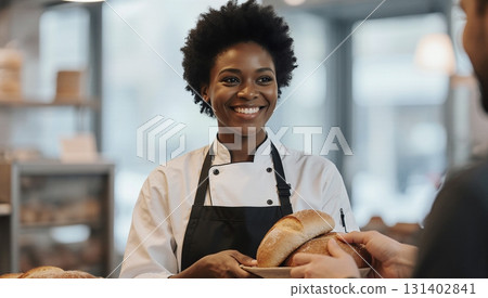Baker in white uniform holds fresh bread in bakery shop - ai generated Baker in white uniform holds fresh bread in bakery shop - ai generated 131402841