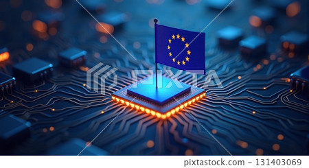A European flag stands on a glowing microchip in a circuit - ai generated A European flag stands on a glowing microchip in a circuit - ai generated 131403069