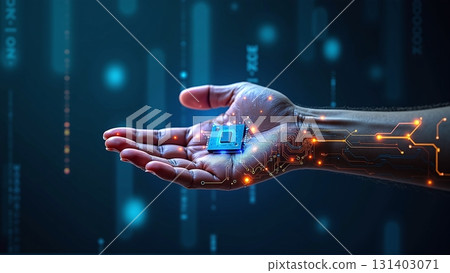 A glowing tech hand holds a microchip amid sparkling circuits - ai generated 131403071