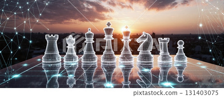 Digital chess pieces on glowing network grid at sunset - ai generated 131403075