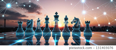 Digital chess pieces on glowing network grid at sunset - ai generated 131403076