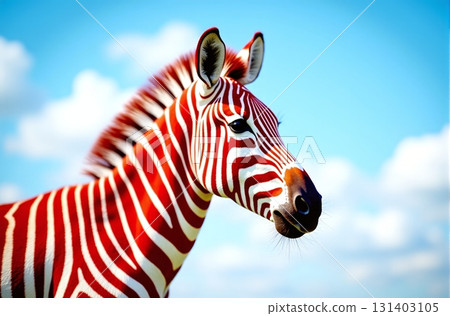 A zebra with unique red and white stripes under blue sky - ai generated 131403105