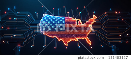 US flag formed by glowing circuits symbolizes digital progress - ai generated 131403127