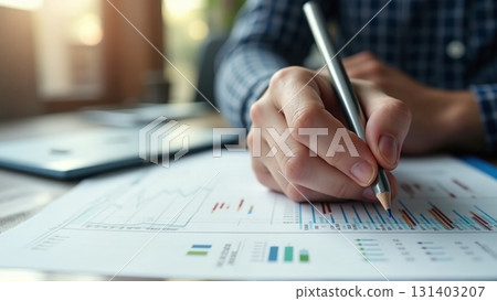 Business person analyzing bar charts with pencil and laptop - ai generated 131403207