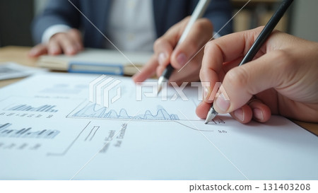 Business person analyzing bar charts with pencil and laptop - ai generated 131403208