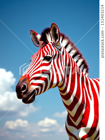 A zebra with unique red and white stripes under blue sky - ai generated A zebra with unique red and white stripes under blue sky - ai generated 131403214