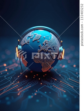 Glowing globe with headphones connected by digital data lines - ai generated Glowing globe with headphones connected by digital data lines - ai generated 131403232