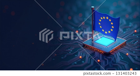 A European flag stands on a glowing microchip in a circuit - ai generated 131403243