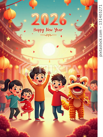 Chinese New Year celebration with lion dance and lanterns - ai generated Chinese New Year celebration with lion dance and lanterns - ai generated 131403271