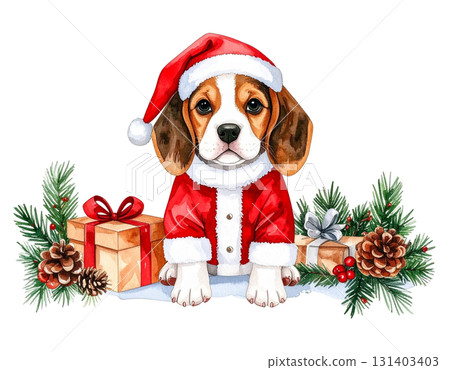 一隻打扮成聖誕老人的小獵犬和聖誕禮物的水彩插圖 3 / 傳單和海報的材料 131403403