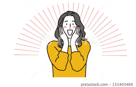 Illustration material of a young woman with a happy expression and a hand on her cheek 131403469