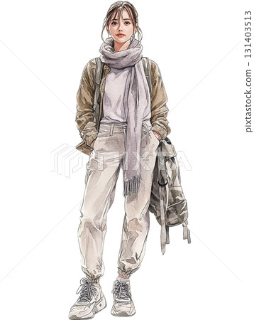 [女性角色] 卡其色夾克和圍巾的秋季服裝 131403513