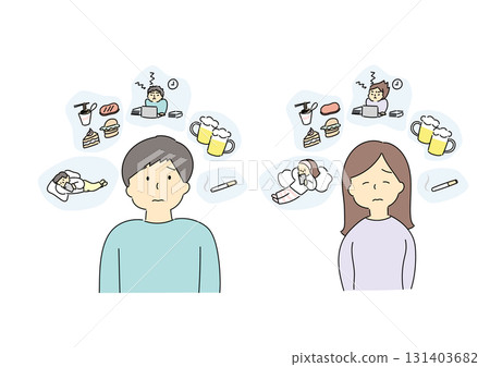 Illustration set of people reflecting on lifestyle habits 131403682
