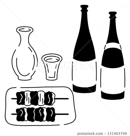 清酒和烤雞肉串插圖 131403749