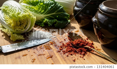 Fresh Napa Cabbage and Spices on Wooden Cutting Board for Korean Kimchi Preparation 131404061