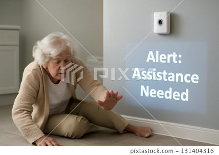 AI generated elderly woman who has fallen in her bathroom. The AI sensor detects the fall and displays an urgent alert on the wall, offering assistance and safety. 131404316
