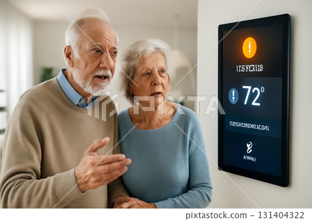 AI generated elderly couple observing a smart home system adjusting temperature and lighting to suit arthritis needs in a futuristic home setting. 131404322