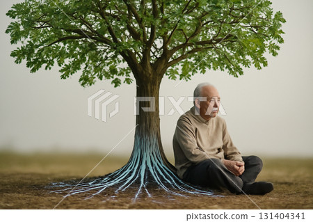 AI generated peaceful elderly man sitting under a tree with fiber optic roots and microchip leaves, symbolizing growth and technology. A serene and harmonious connection between nature modern tech. 131404341