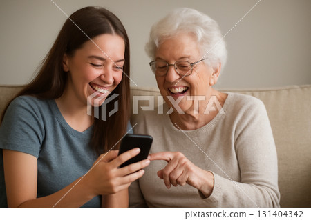 AI generated heartwarming moment of a teenage granddaughter teaching her grandmother to use a health app on her phone, sharing laughter and joy in a cozy living room. 131404342