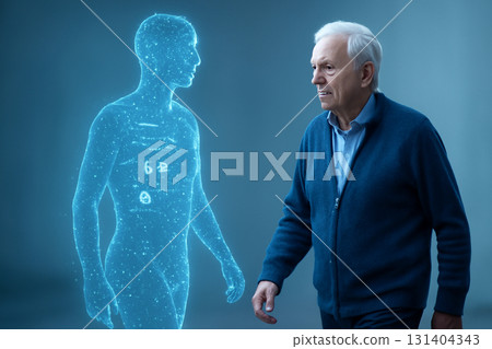 AI generated elderly person walking next to a holographic figure displaying health data points and metrics in blue tones. The scene portrays futuristic health monitoring a surreal, calm atmosphere. 131404343