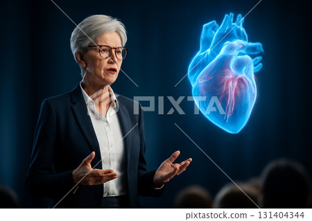 AI generated visionary senior female CEO presenting an AI health platform with a holographic human heart model. Professional stage lighting highlights her leadership and innovation. 131404344