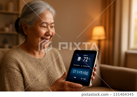 AI generated warm cozy living room with a senior Southeast Asian woman holding a health device. A moment of comfort and safety captured during golden hour, reflecting well-being and modern technology. 131404345