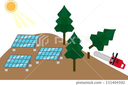 太陽、太陽能板和砍伐森林的山脈景觀插圖素材 131404392