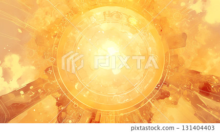 Watercolor illustration background of a golden magic circle pattern 131404403
