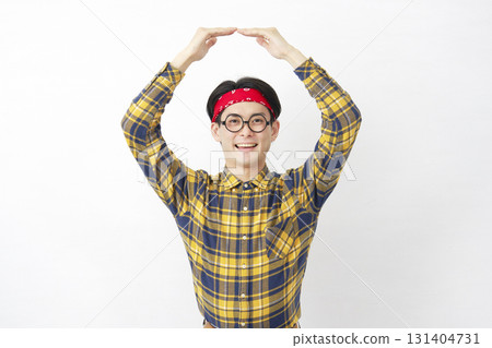 Akihabara male making a circle gesture on white background 131404731