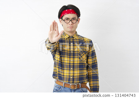 Akihabara-style male, prohibition gesture, white background Akihabara-style male, prohibition gesture, white background 131404743