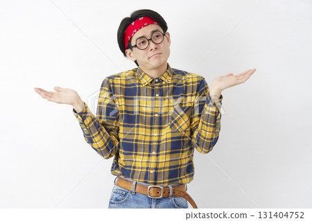 Akihabara-style male giving up gesture on white background Akihabara-style male giving up gesture on white background 131404752