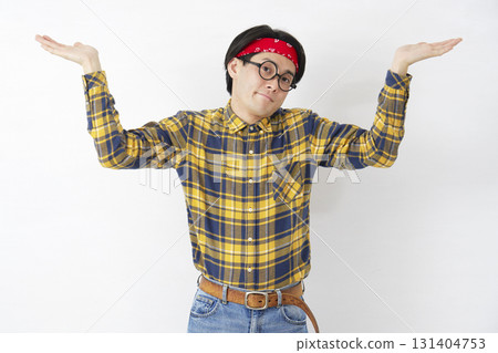 Akihabara-style male, giving up gesture, white background, looking at camera 131404753