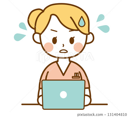 A female nurse who is anxious about typing on a PC 131404810