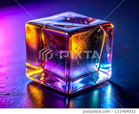 Iced Prism Transparent Cube With Neon Glow and Reflections 131404932