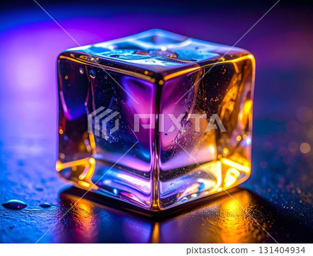 Melting Ice Cube With Multicolor Glow on Reflective Surface 131404934