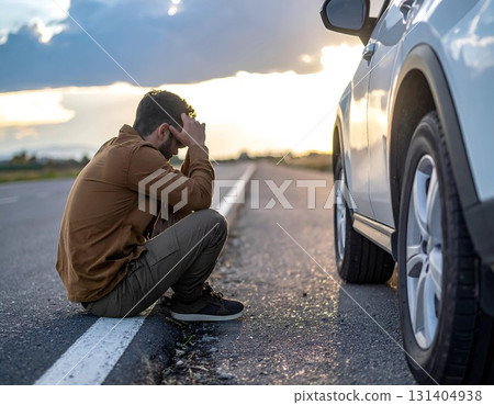 Distressed Man Beside Car at Sunset Distressed Man Beside Car at Sunset 131404938