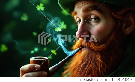 Irish male with red beard smoking pipe surrounded by shamrocks. AI generation 131405049