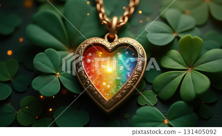 Heart-shaped rainbow locket with gold chain surrounded by clover leaves. AI generation Heart-shaped rainbow locket with gold chain surrounded by clover leaves. AI generation 131405092