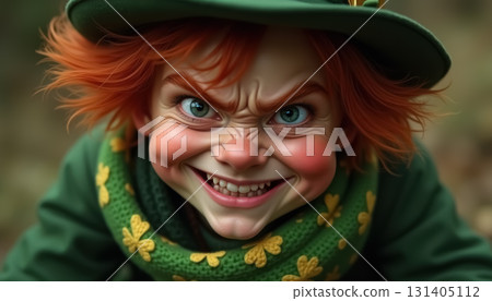 Mischievous redhead leprechaun with green outfit and intense expression. AI generation 131405112