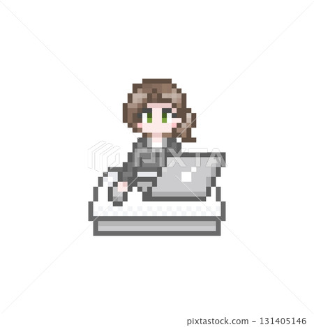 A female office worker in a suit working on a pixelated computer A female office worker in a suit working on a pixelated computer 131405146