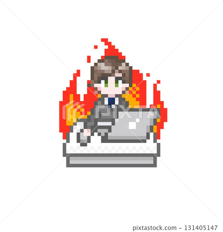 一位穿著西裝、幹勁十足的男性上班族在像素化的電腦上工作 一位穿著西裝、幹勁十足的男性上班族在像素化的電腦上工作 131405147