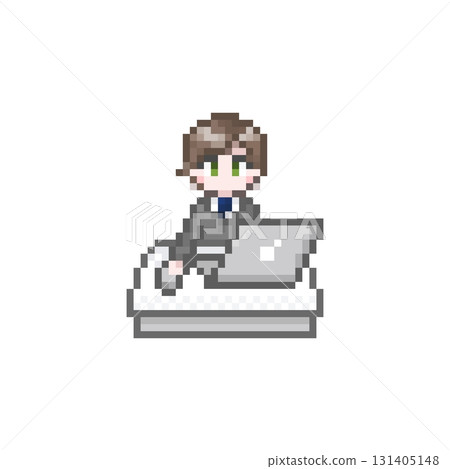 一位身穿西裝的男性辦公室職員在像素化的電腦上工作 一位身穿西裝的男性辦公室職員在像素化的電腦上工作 131405148