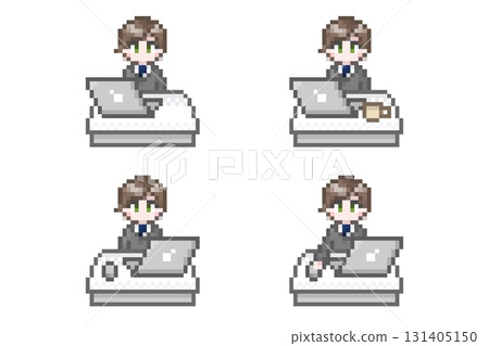 一位身穿西裝的男性辦公室職員在像素化的電腦上工作:設置 一位身穿西裝的男性辦公室職員在像素化的電腦上工作:設置 131405150