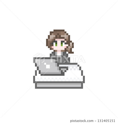 A female office worker in a suit and a pixelated computer 131405151