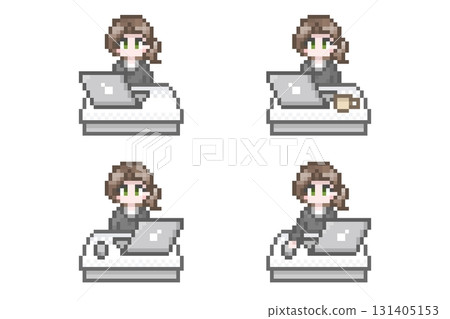 A female office worker in a suit working on a pixelated computer: set A female office worker in a suit working on a pixelated computer: set 131405153